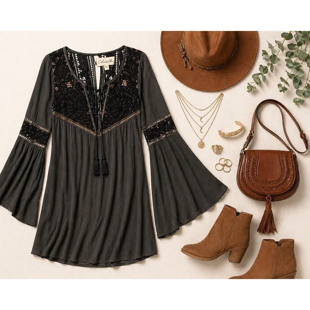 Cleobella Lili Mini Dress XS Boho Lace Bell Sleeve Deep V Gunmetal Gray Festival